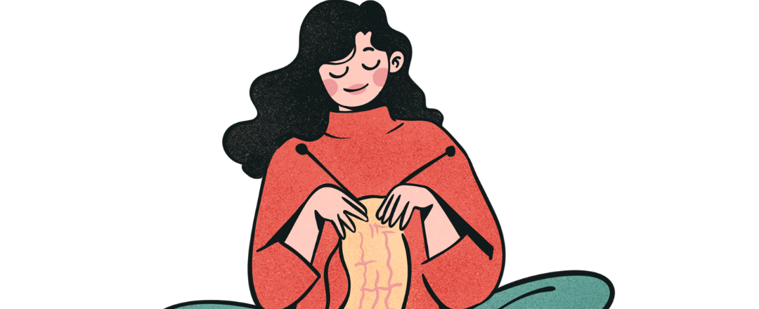 Ei teikna dame som sitt og strikkar