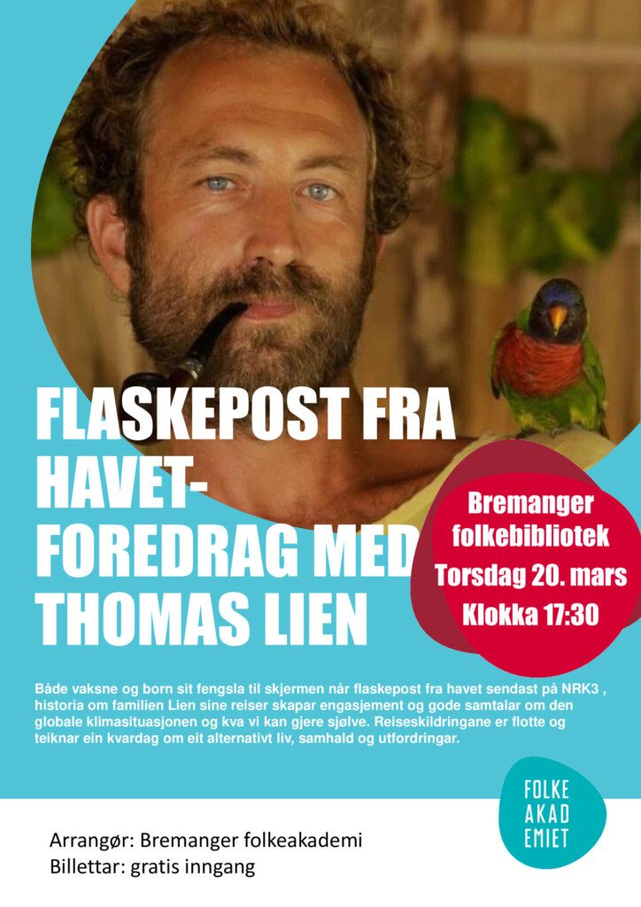 Plakat for Flaskepost frå havet - føredrag med Thomas Lien