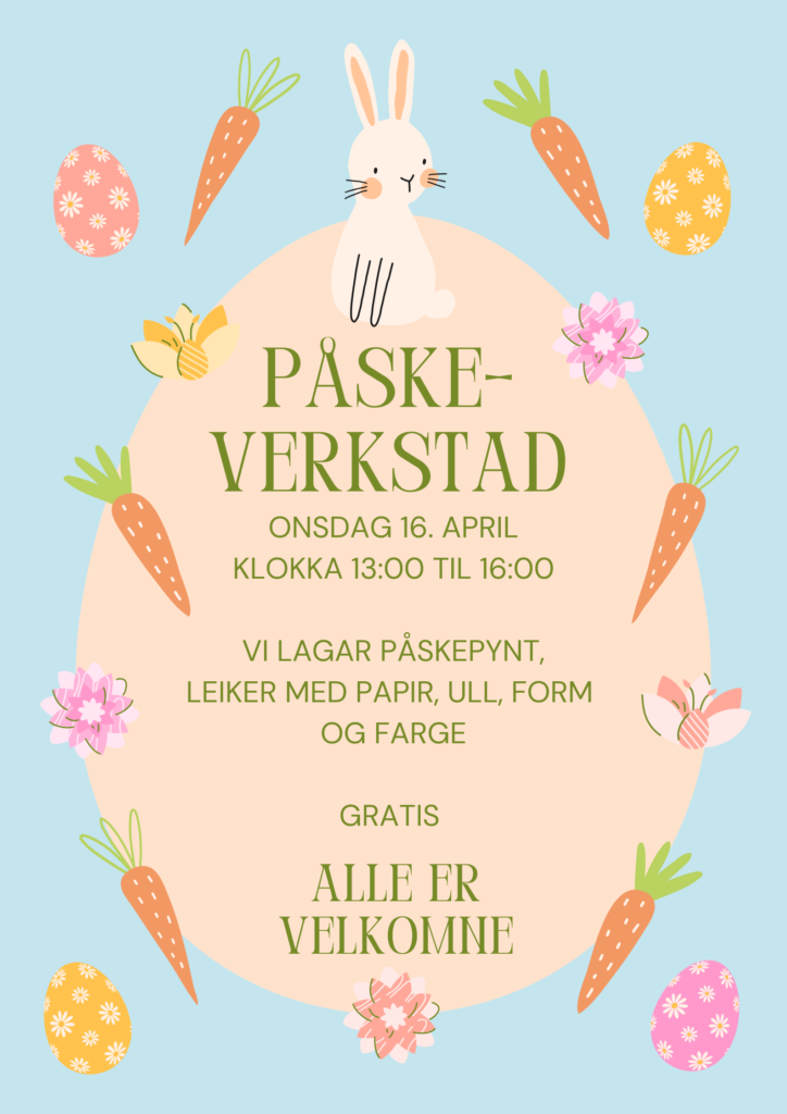 Lyseblå plakat med eit pastel-gult påskeegg i midten med gulerøtter og små påskeegg rundt og ein påskehare øverst