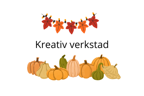 Ei rad teikna blad med ei lyslenke, teksten "krativ verkstad" og under ei rad teikna gresskar.