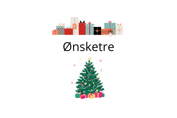 Ei rad julegåver, teksten "ønsketre" og under eit juletre med gåver under