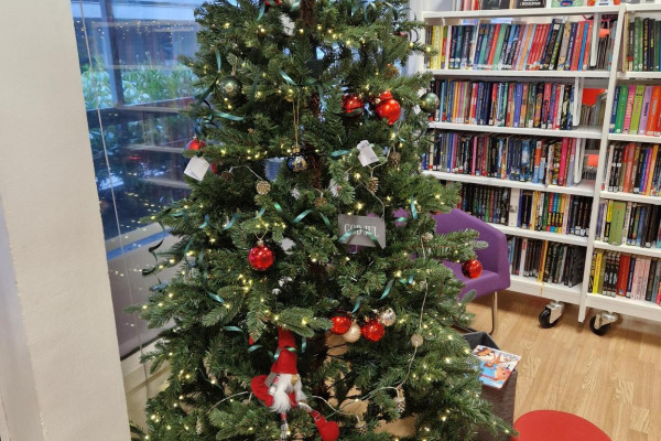 Bilete av juletre på biblioteket, med bokkasser under og puter på gulvet.